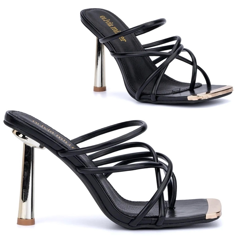 Olivia Miller Black Metallic Gold Thalia Strappy Stiletto High Heel Sandal Sz 8